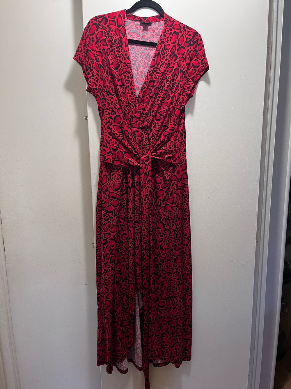 IMAN Red and Black Animal Print Wrap Jumpsuit